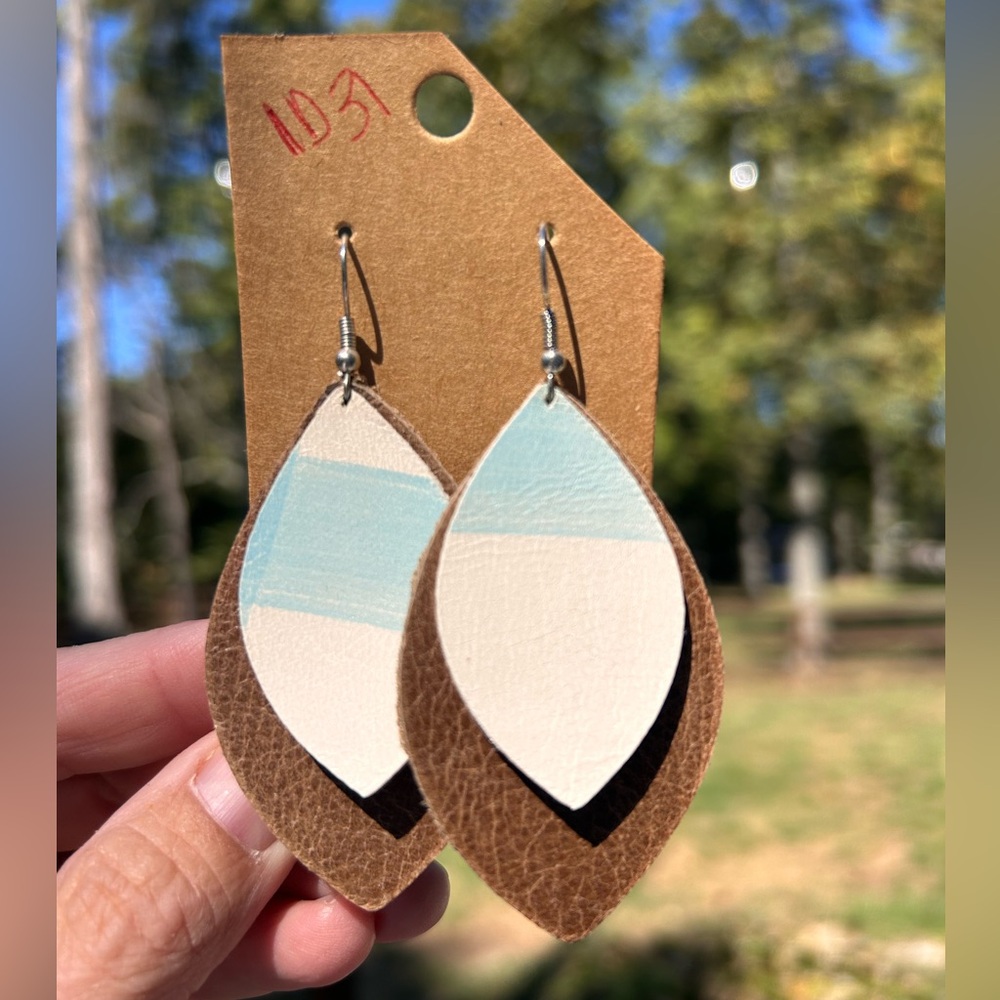 Layered Leather Earrings - brown with creamy pink and light blue